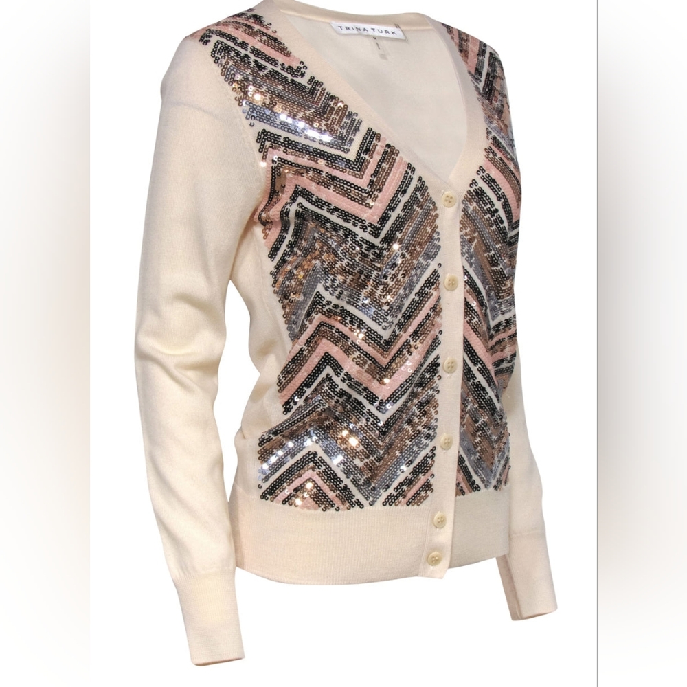 Trina Turk - Cream Sequin Button-Up Merino Wool Cardigan Sz M